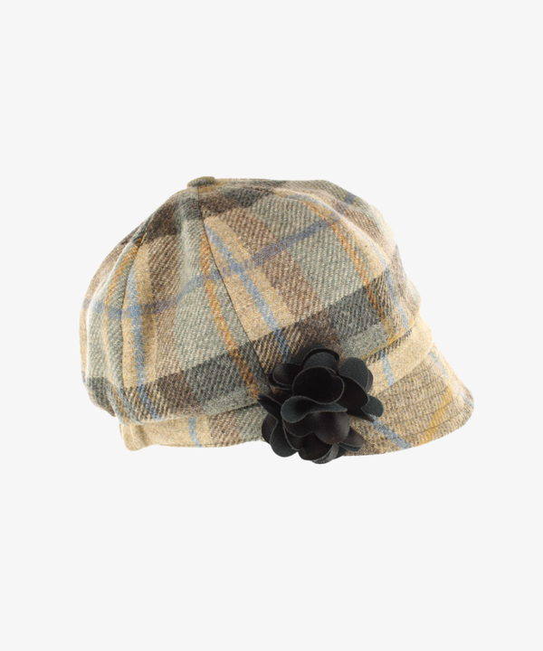 Newsboy Cap i 100% ull – Beige rutig med blå inslag