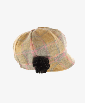 Newsboy Cap i 100% ull – Beige och ockra med rosa rutor