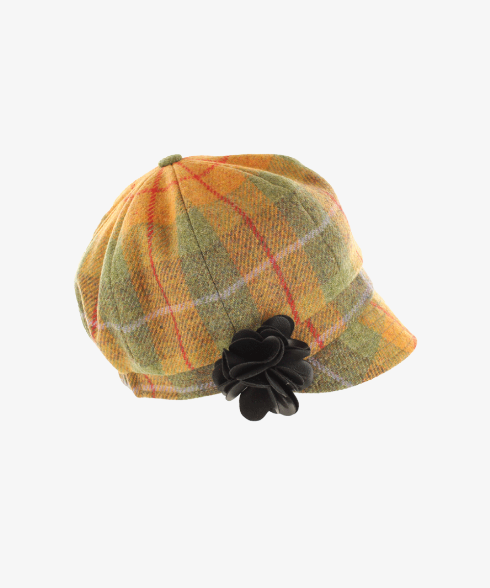 Newsboy Cap i 100% ull – Ockragul och grön tartan