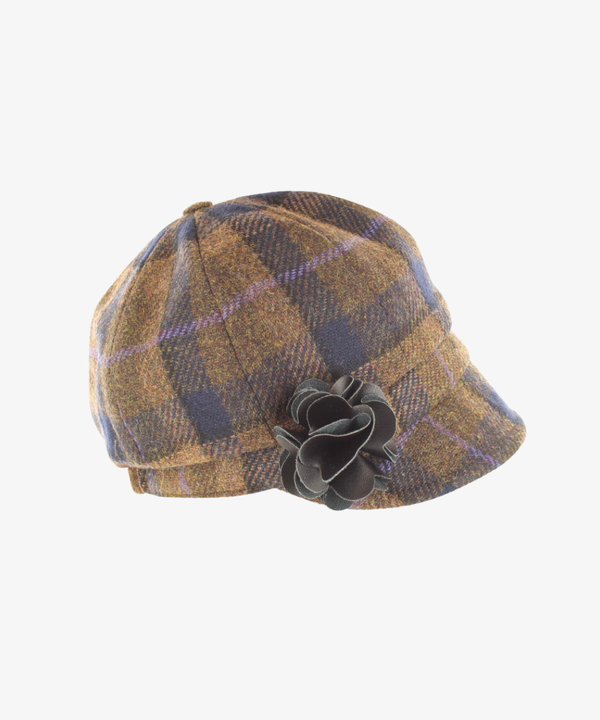 Newsboy Cap i 100% ull – Brun tartan med lila inslag