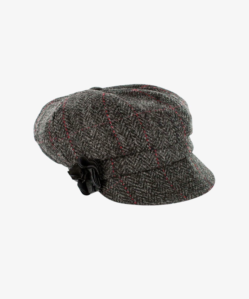 Newsboy Cap i 100% ull – Mörkgrå med röda linjer