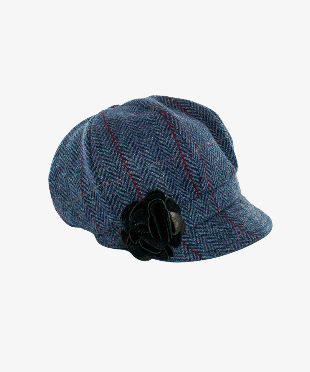 Newsboy Cap i 100% ull – Blå fiskbensväv med röda linjer