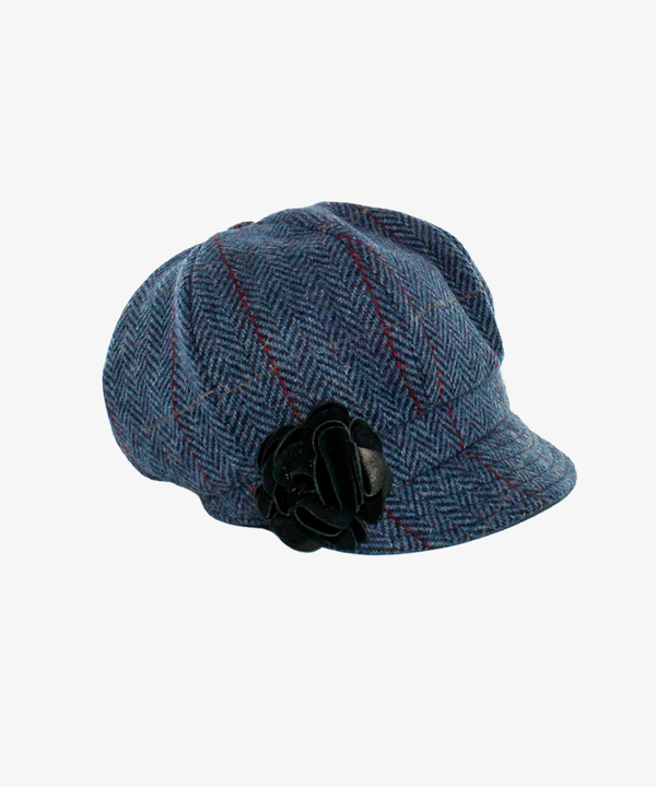 Newsboy Cap i 100% ull – Blå fiskbensväv med röda linjer