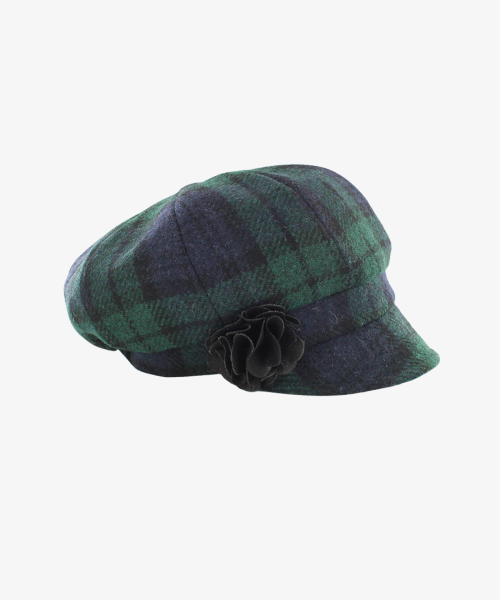 Newsboy Cap i 100% ull – Mörkgrön och marinrutig