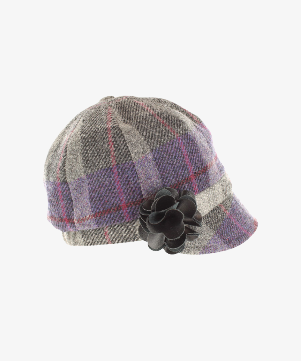 Newsboy Cap i 100% ull – Grå tartan med lila inslag