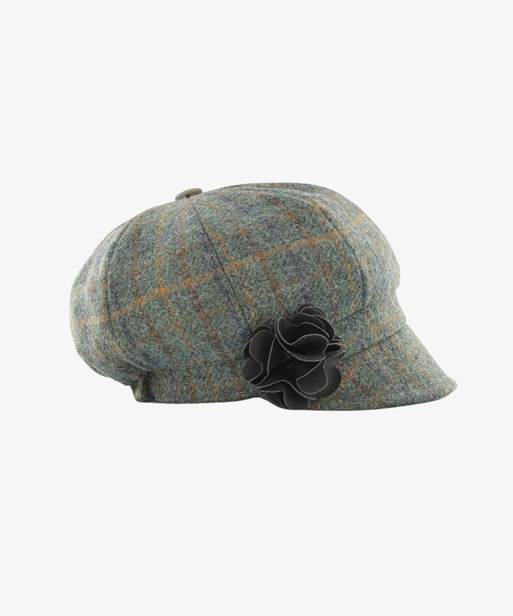 Newsboy Cap i 100% ull – Grönmelerad med orange linjer