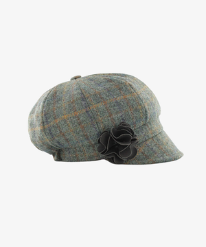 Newsboy Cap i 100% ull – Grönmelerad med orange linjer
