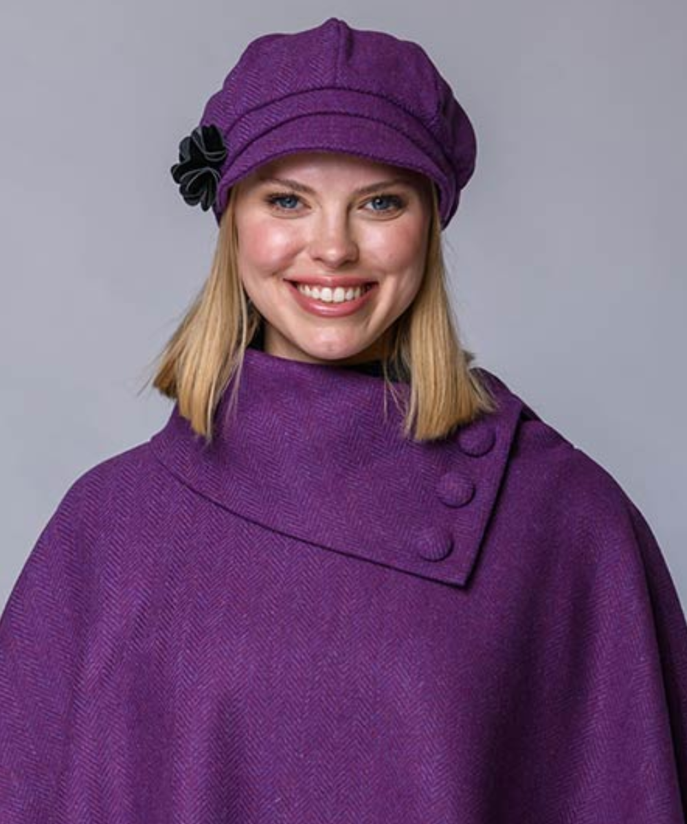 Newsboy Cap i 100% ull – Lila fiskbensväv