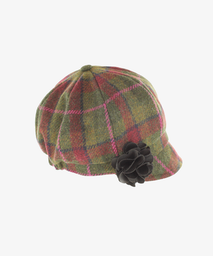 Newsboy Cap i 100% ull – Grön tartan med rosa linjer