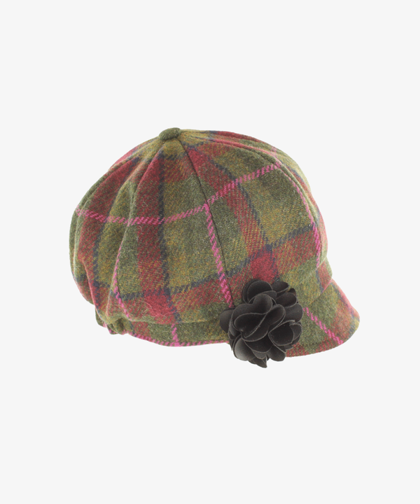 Newsboy Cap i 100% ull – Grön tartan med rosa linjer