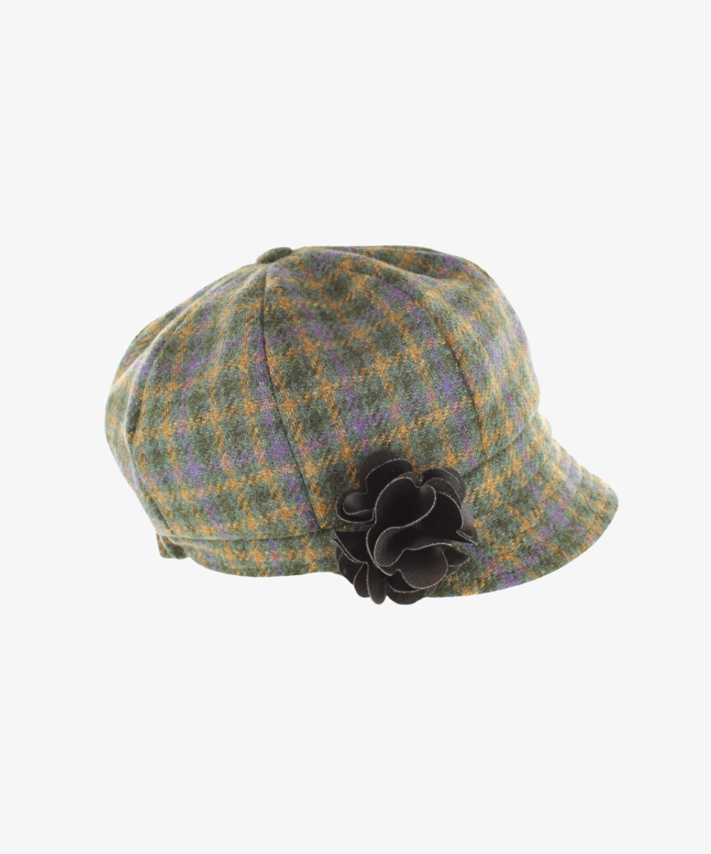 Newsboy Cap i 100% ull – Grönmelerad med lila inslag