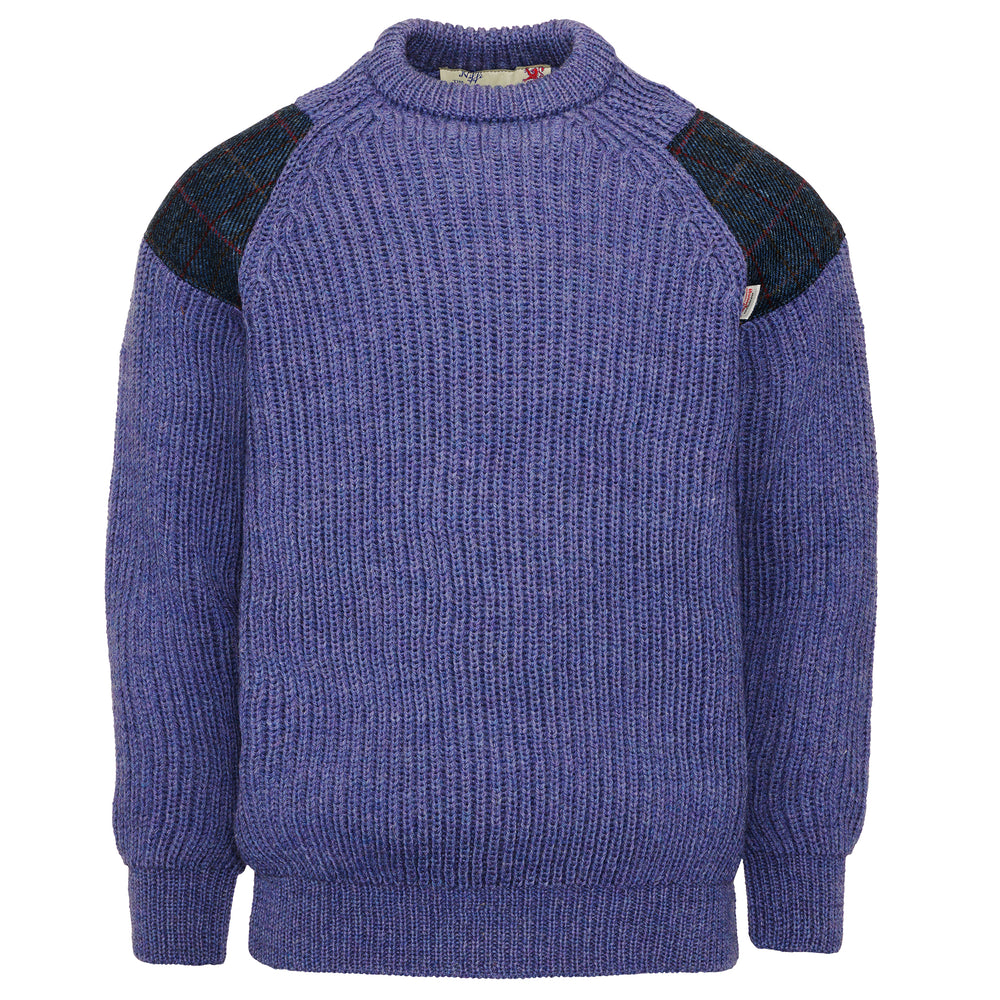 Chunky Crew Neck Wool Sweater with Harris Tweed patches