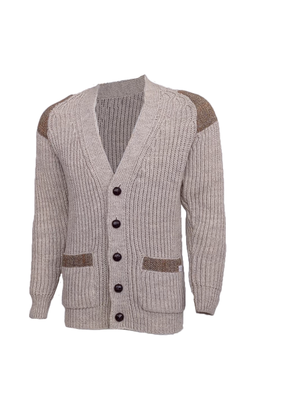 
                  
                    Chunky Wool Cardigan with Harris Tweed Patches
                  
                