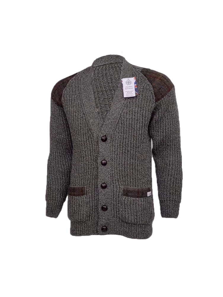 
                  
                    Chunky Wool Cardigan with Harris Tweed patches
                  
                