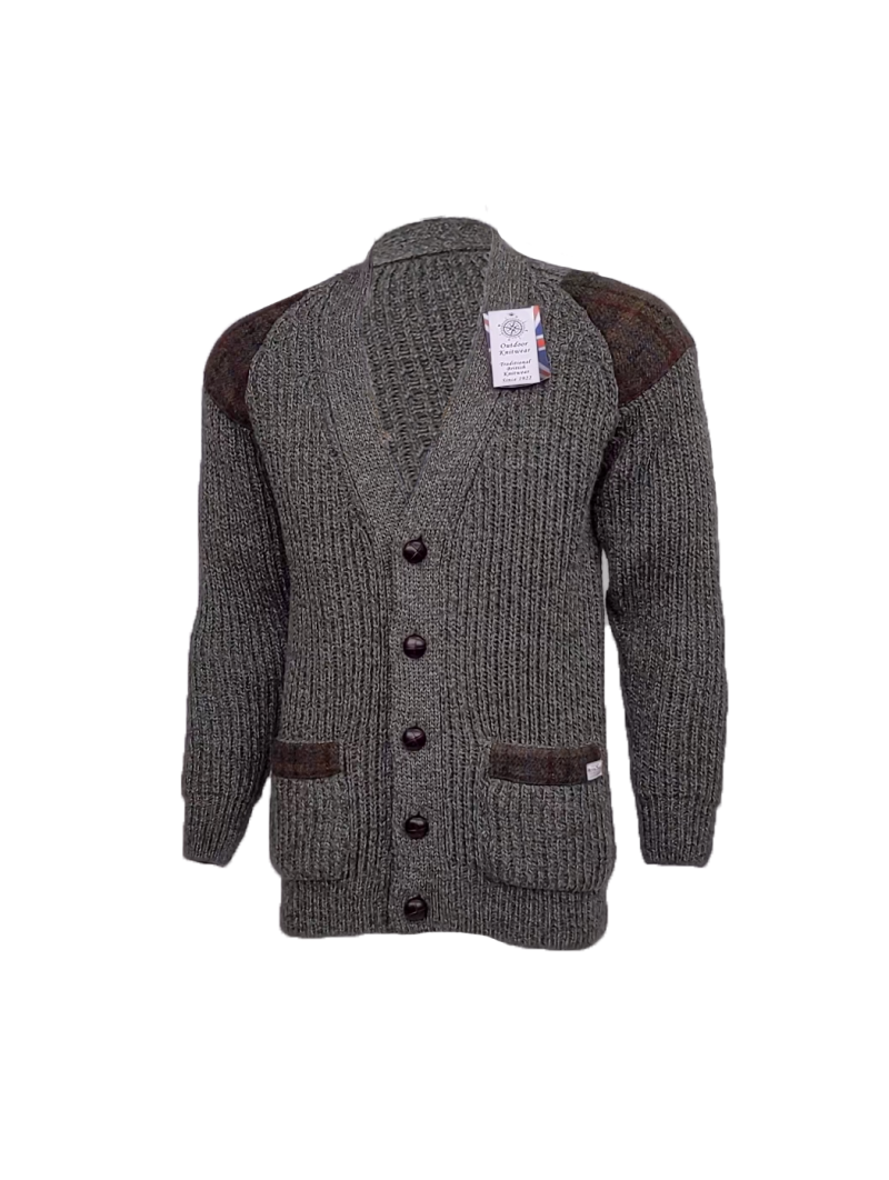 
                  
                    Chunky Wool Cardigan with Harris Tweed patches
                  
                